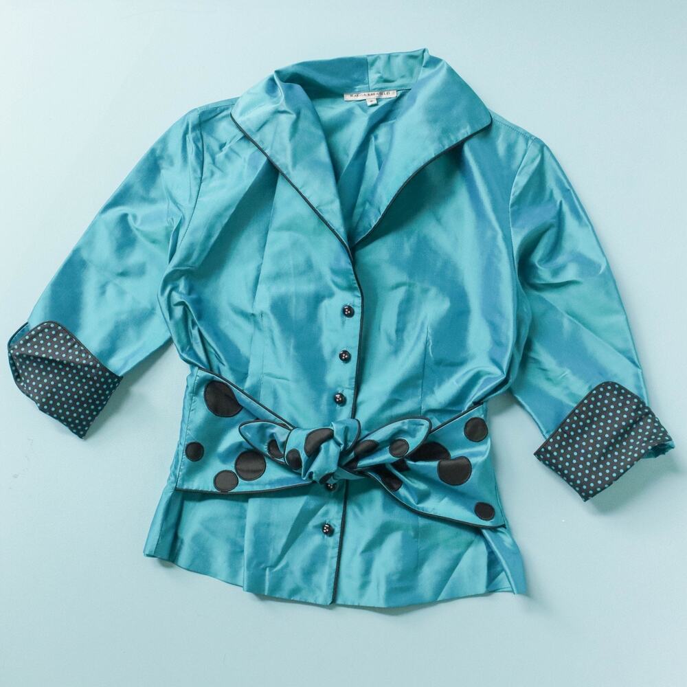 Marisa Baratelli 100% Thai Silk Button Tie Waist Blouse Womens 6 Turquoise 90s